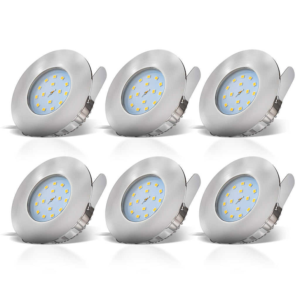 B.K.Licht - 6er Set LED Bad Einbaustrahler 230V 4,8W ultraflach IP44, 60mm Lochmass, warmweiße Lichtfarbe, Deckenspots, Spots, Einbauleuchten, Einbauspots, Badezimmer, 75x30 mm, Matt-Nickel