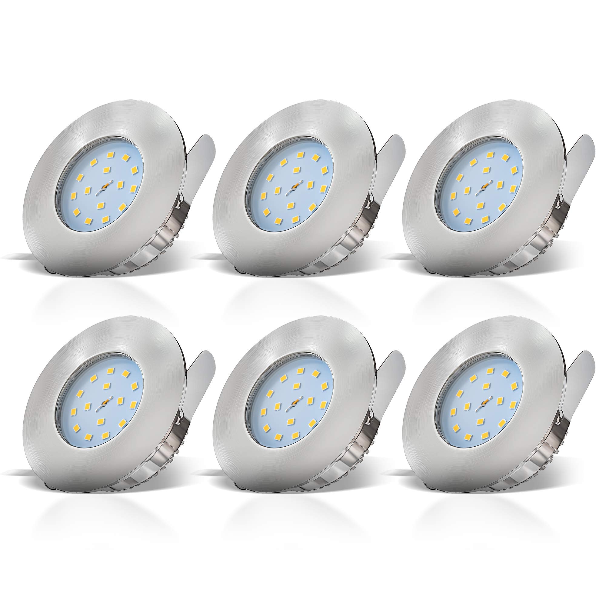 B.K.Licht - 6er Set LED Bad Einbaustrahler 230V 4,8W ultraflach IP44, 60mm Lochmass, warmweiße Lichtfarbe, Deckenspots, Spots, Einbauleuchten, Einbauspots, Badezimmer, 75x30 mm, Matt-Nickel