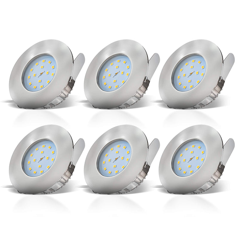 B.K.Licht - 6er Set LED Bad Einbaustrahler 230V 4,8W ultraflach IP44, 60mm Lochmass, warmweiße Lichtfarbe, Deckenspots, Spots, Einbauleuchten, Einbauspots, Badezimmer, 75x30 mm, Matt-Nickel