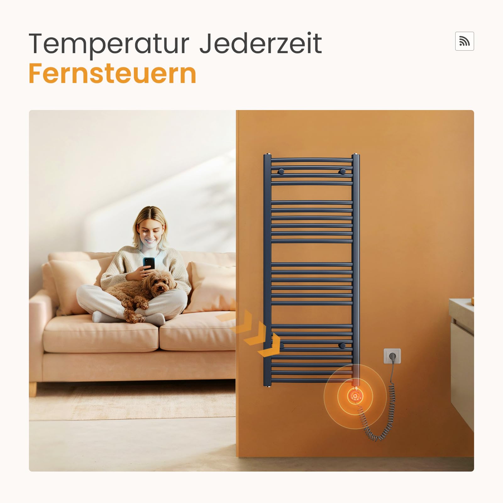 EMKE WiFi Badheizkörper Elektrisch 1200x600 mm - Gebogen Handtuchheizkörper Elektrisch, Elektrischer Handtuchtrockner Handtuch Heizkörper Bad mit Thermostat und Heizstab - 600W, Anthrazit