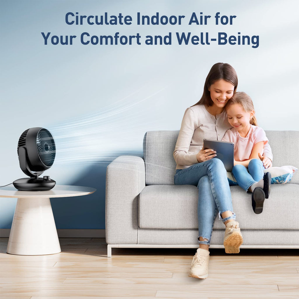 Ventilator Leise, 22dB Tischventilator sehr Leise, Fan mit 3 Geschwindigkeiten und 90° Verstellbare Neigung für 15m² Räume, Leistungsstarker 3D Turbo Ventilatoren für Büro, Schlafzimmer,Schwarz