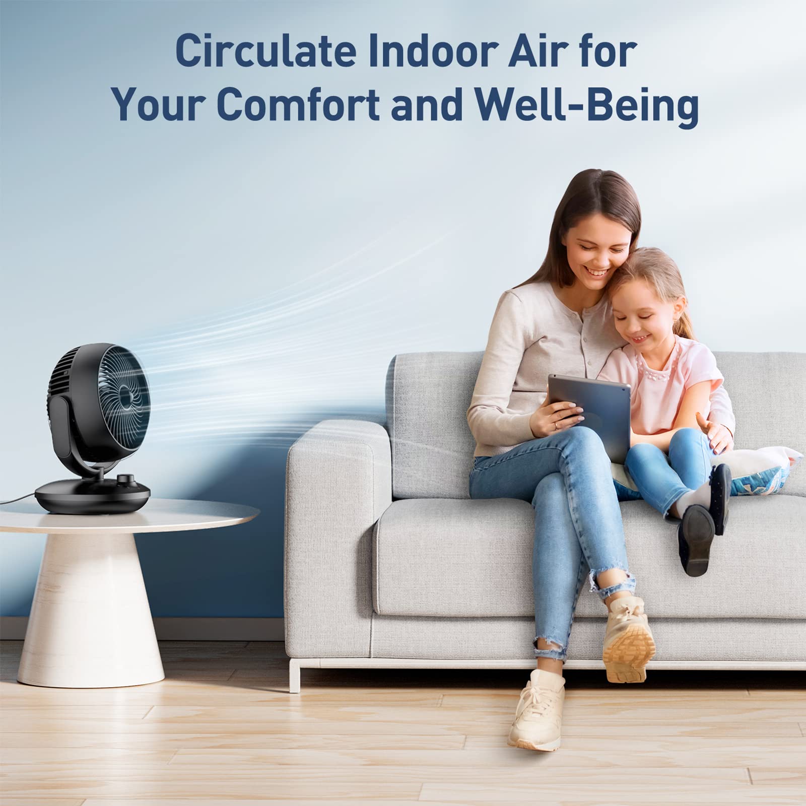 Ventilator Leise, 22dB Tischventilator sehr Leise, Fan mit 3 Geschwindigkeiten und 90° Verstellbare Neigung für 15m² Räume, Leistungsstarker 3D Turbo Ventilatoren für Büro, Schlafzimmer,Schwarz