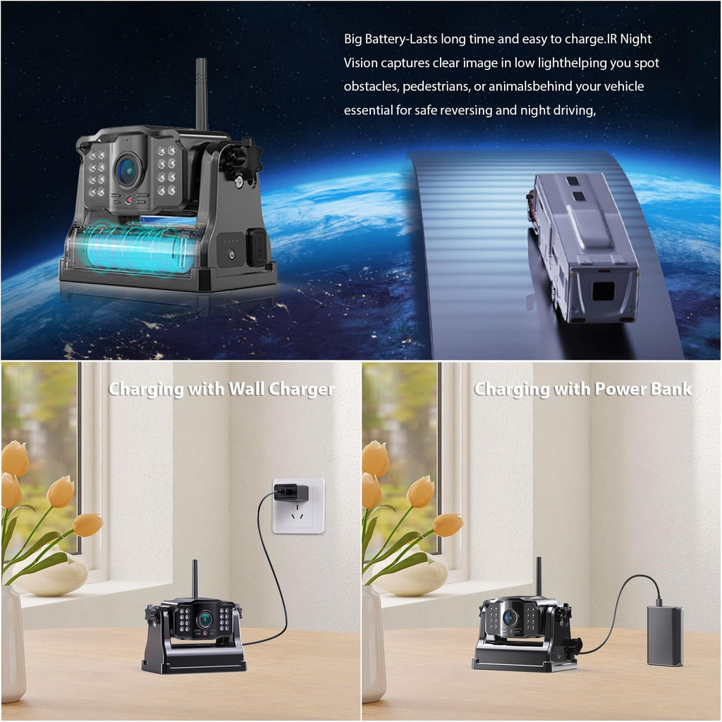 2 Magnetische Rückfahrkamera Kabellos, 10 Zoll 1080P FHD Monitor, 9600mAh Wiederaufladbare Akku, 1-Min Einrichtung, IP69K Wasserdicht Rückfahrkameras für Wohnmobile,Anhänger und LKWs