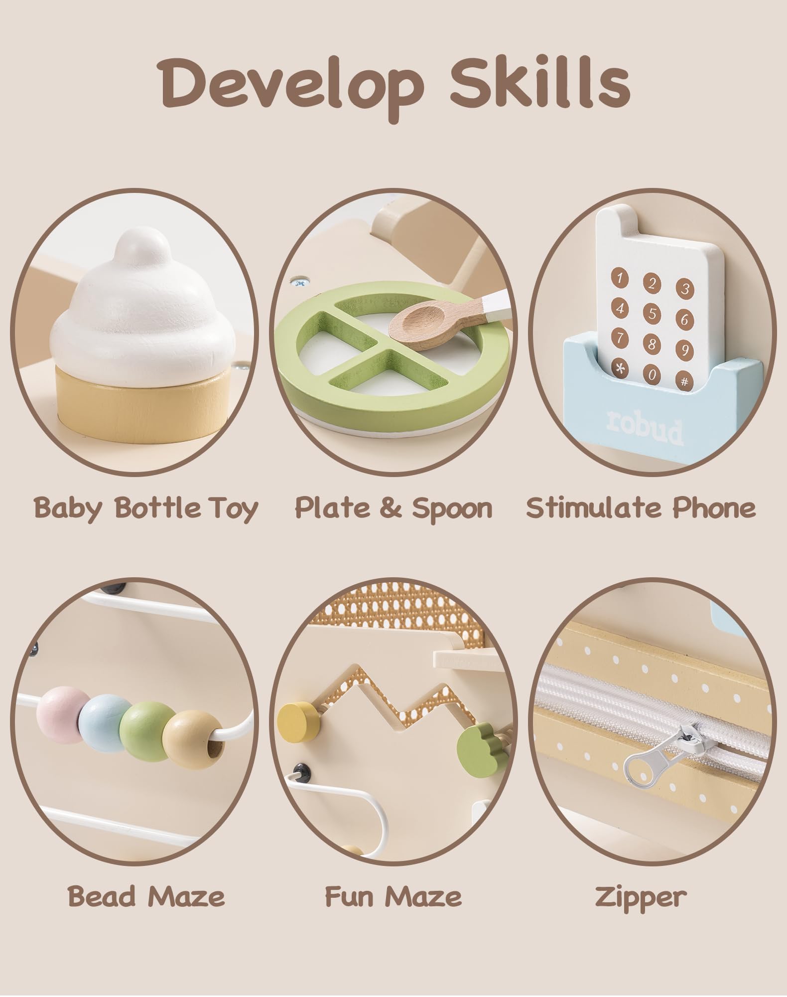 ROBUD Holz lauflernhilfe Baby Walker, 2-In-1 Puppe Lauflernwagen mit Montessori Busy Activity Board für Motorik, Sicherheitsbremse Spielzeug Laufwagen, Geschenk für Kleinekinder ab 10 Monate+