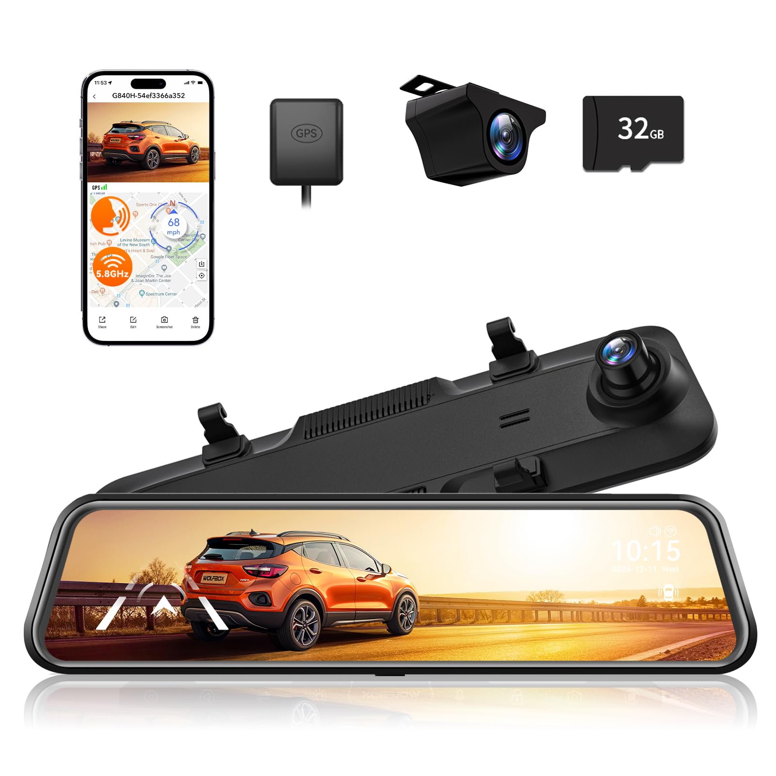 WOLFBOX 12" G840H Spiegel Dashcam mit Rückfahrkamera, ADAS und BSD, 2.5K Dual Dash Cam Spiegel mit 5.8GHz WiFi, Sprachsteuerung, Loop-Aufnahme, Parküberwachung, Kostenlose 32 GB Karte und GPS