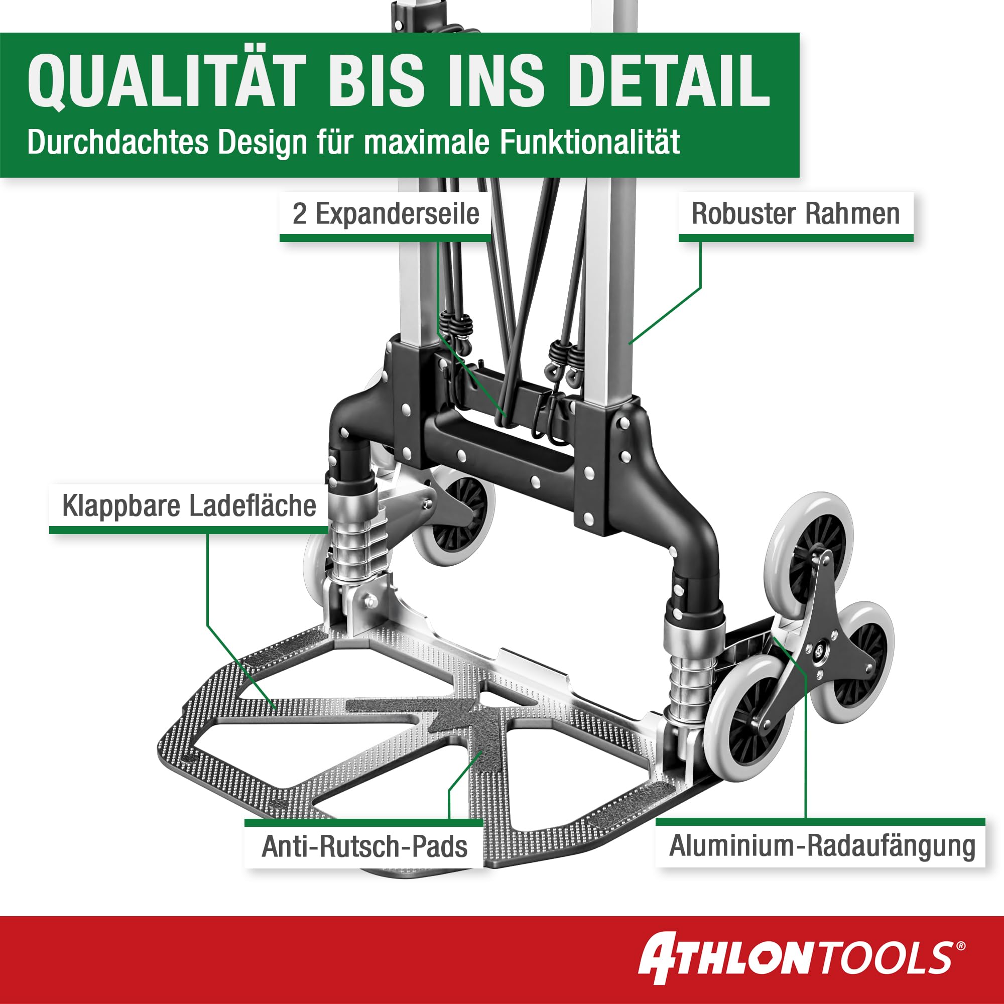 ATHLON TOOLS Aluminium Treppensteiger-Sackkarre klappbar TÜV geprüft – extra Langer Griff 110 cm, Ladefläche mit Anti-Rutsch-Pads