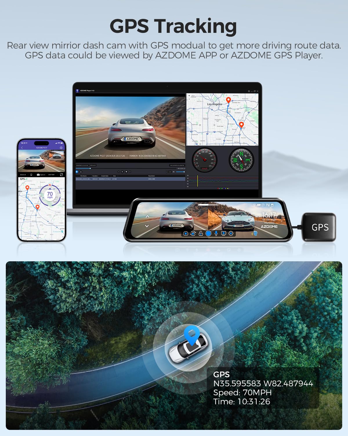 AZDOME PG17 4K 12" Spiegel Dashcam Auto, WiFi Rückspiegelkamera mit wasserdichter 1080P-Rückkamera, 64GB Karte enthalten, WDR-Nachtsicht, GPS, Sprachsteuerung, Fahrassistent