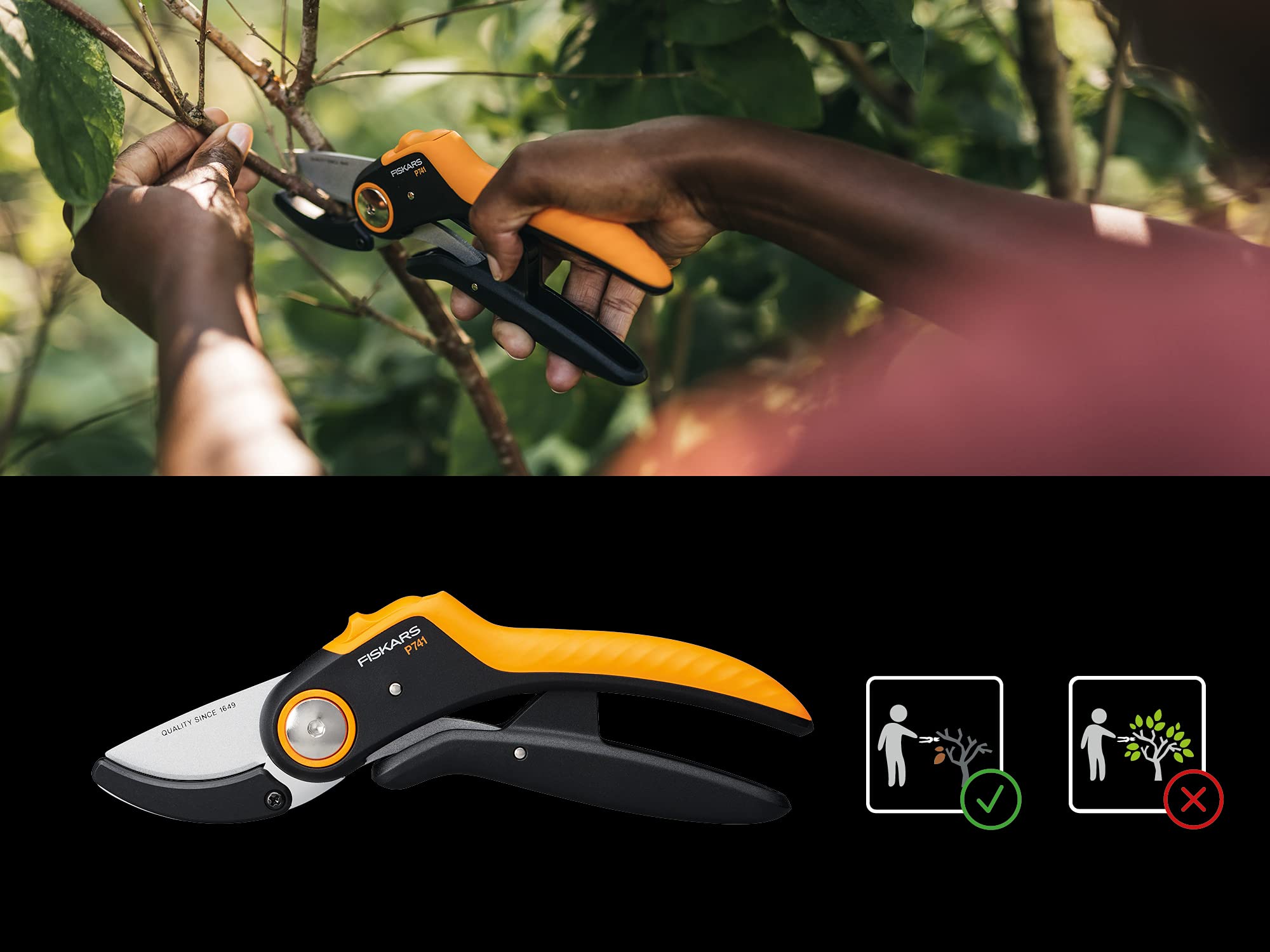 Fiskars Amboss-Gartenschere, Plus PowerLever, P741, Für trockenes und hartes Holz, Antihaftbeschichtet, Edelstahl-Klingen, Länge: 22,1 cm, Schwarz/Orange, 1057171
