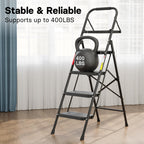 BONTEC Trittleiter 4 Stufen Klappbar, 150kg Kapazität mit Breiten Anti-Rutsch-Pedalen, Faltbarer Stahl-Tritthocker, Schwamm-Lenker, Zuhause, Speisekammer, Innen- und Außenbereich, Schwarz