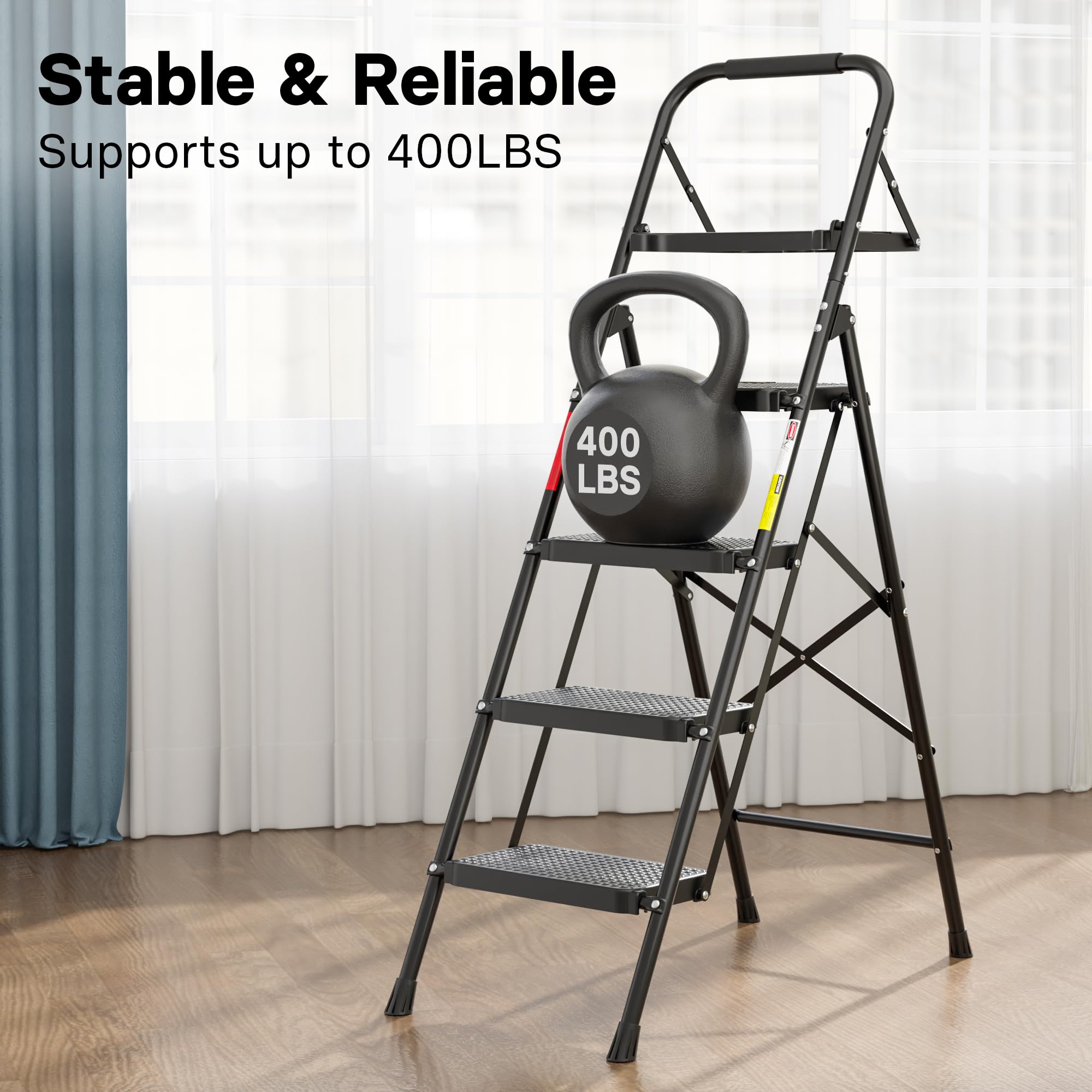 BONTEC Trittleiter 4 Stufen Klappbar, 150kg Kapazität mit Breiten Anti-Rutsch-Pedalen, Faltbarer Stahl-Tritthocker, Schwamm-Lenker, Zuhause, Speisekammer, Innen- und Außenbereich, Schwarz