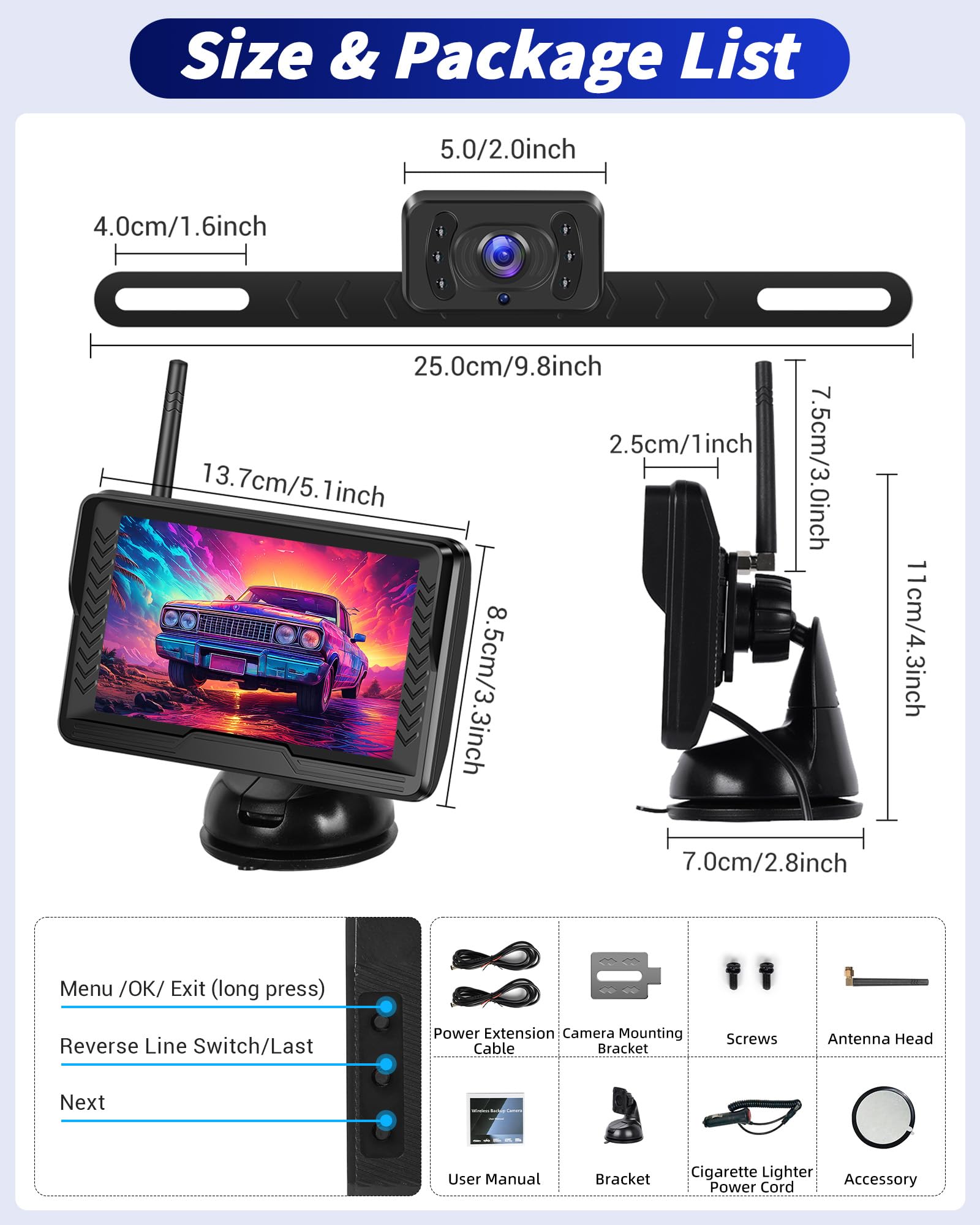 OiLiehu Kabellose Digitale Rückfahrkamera Set, IP68 Infrarot Nachtsicht AHD Kamera, 1080P Funk Rückfahrkamera mit 5" IPS Monitor, für Auto DC 12V