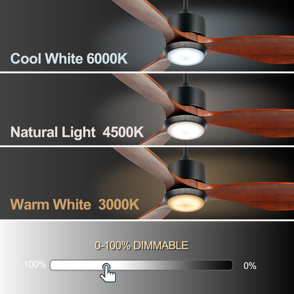 Ovlaim 132cm Walnuss Holz Deckenventilatoren mit Beleuchtung Fernbedienung, 3-Blatt-Propeller Smart Deckenventilator für Indoor Outdoor, hoher Luftstrom leiser DC-Motor