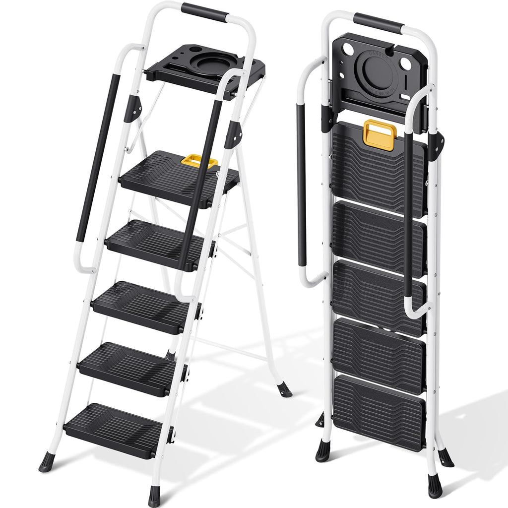 KINGRACK Trittleiter 5 Stufen klappbar, Leiter 5 Stufen 150 kg Tragfähigkeit, mit Werkzeugtray, Handlauf, für Haushalt, Garten, Malerei, Outdoor und Garagennutzung geeignete Faltbare Leiter, weiß