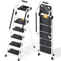 KINGRACK Trittleiter 5 Stufen klappbar, Leiter 5 Stufen 150 kg Tragfähigkeit, mit Werkzeugtray, Handlauf, für Haushalt, Garten, Malerei, Outdoor und Garagennutzung geeignete Faltbare Leiter, weiß