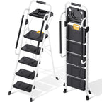 KINGRACK Trittleiter 5 Stufen klappbar, Leiter 5 Stufen 150 kg Tragfähigkeit, mit Werkzeugtray, Handlauf, für Haushalt, Garten, Malerei, Outdoor und Garagennutzung geeignete Faltbare Leiter, weiß