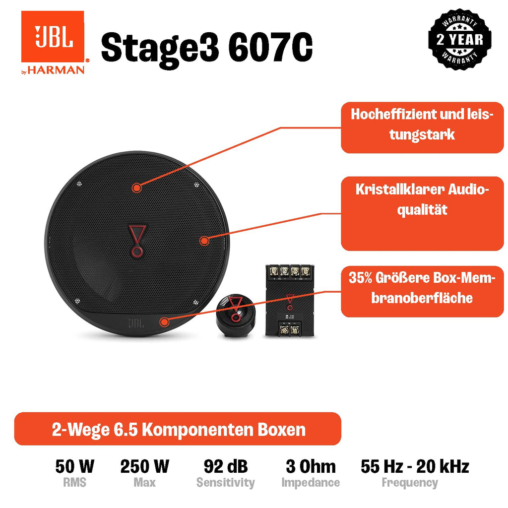 JBL Stage3 607C 2-Wege KFZ Soundsystem - 250 Watt Komponenten JBL Pro Sound Auto Lautsprecher Boxen Set mit 16 cm Einbau Autolautsprecher und Hochtöner