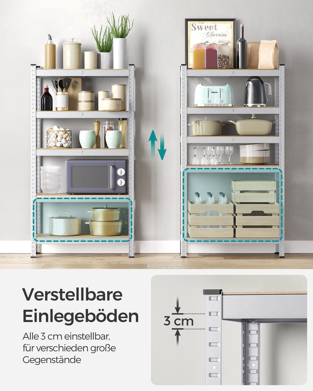 SONGMICS Schwerlastregal, 2er Set, Kellerregal, Lagerregal, 30 x 75 x 150 cm, Regal mit Stahlgestell, bis 650 kg belastbar, 5 verstellbare Ablagen, silbern GLR030E02