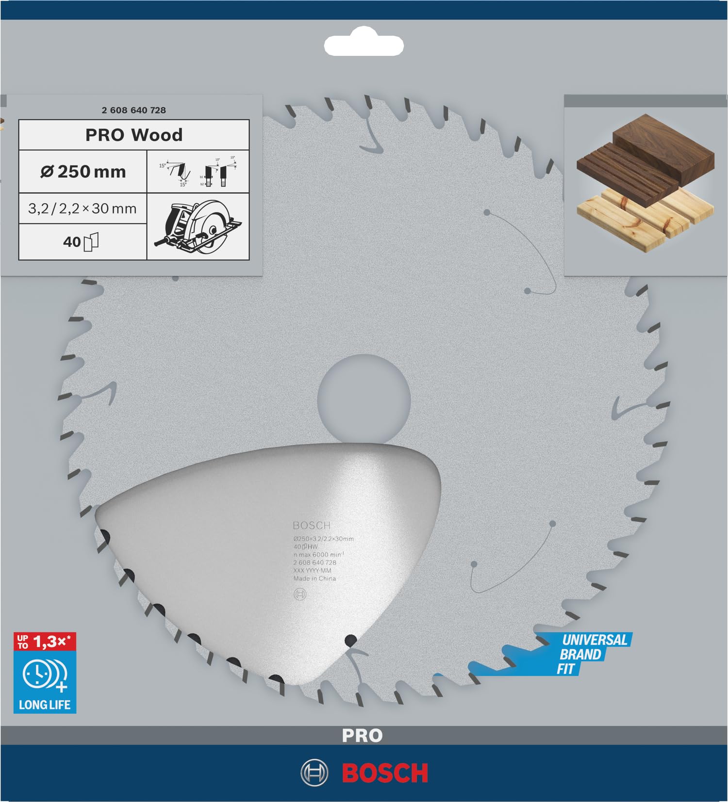 Bosch Professional Kreissägeblatt Optiline Wood (für Holz, 250 x 30 x 3,2 mm, 40 Zähne, Zubehör Kreissäge), 2608640728, Ø 250 mm