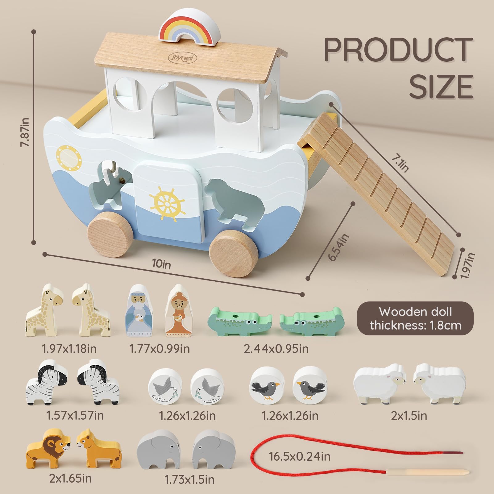 Joyreal Arche Noah Holz - Taufgeschenke für Mädchen Jungen Kinder, Geschenk Taufe, Montessori Spielzeug ab 1 2 3 Jahr, Holzspielzeug mit Bauernhof Spielzeug Sortier Stapel