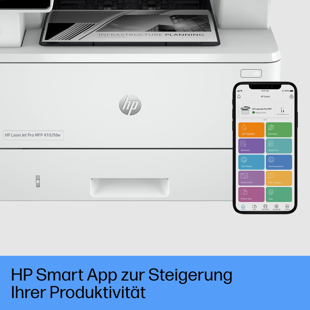 HP LaserJet Pro MFP 4102fdw Multifunktions-Laserdrucker Schwarz-Weiß, WLAN, Fax, Automatischer beidseitiger Druck, Hohe Druckgeschwindigkeit, Wolf Pro Security