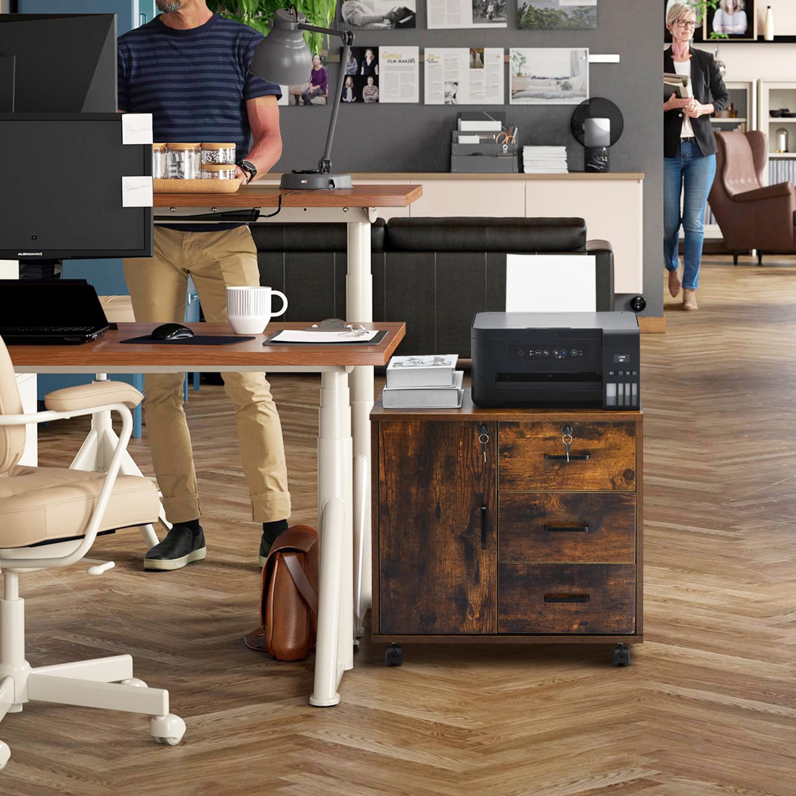 TUKAILAI Rollcontainer Aktenschrank aus Holz, Abschließbar Büroschrank mit 3 Schubladen und Tür, Mobiler Schreibtisch Unterschrank mit 4 Rollen für Büro Arbeitszimmer Wohnzimmer, 40×60×57 cm, Braun
