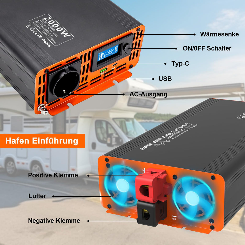 DATOUBOSS Wechselrichter 12v auf 230v 2000W/4000W Reiner Sinus Spannungswandler Power Inverter mit LCD-Bildschirm 1 Type-c und 1 USB Anschlüsse für Wohnmobil Auto
