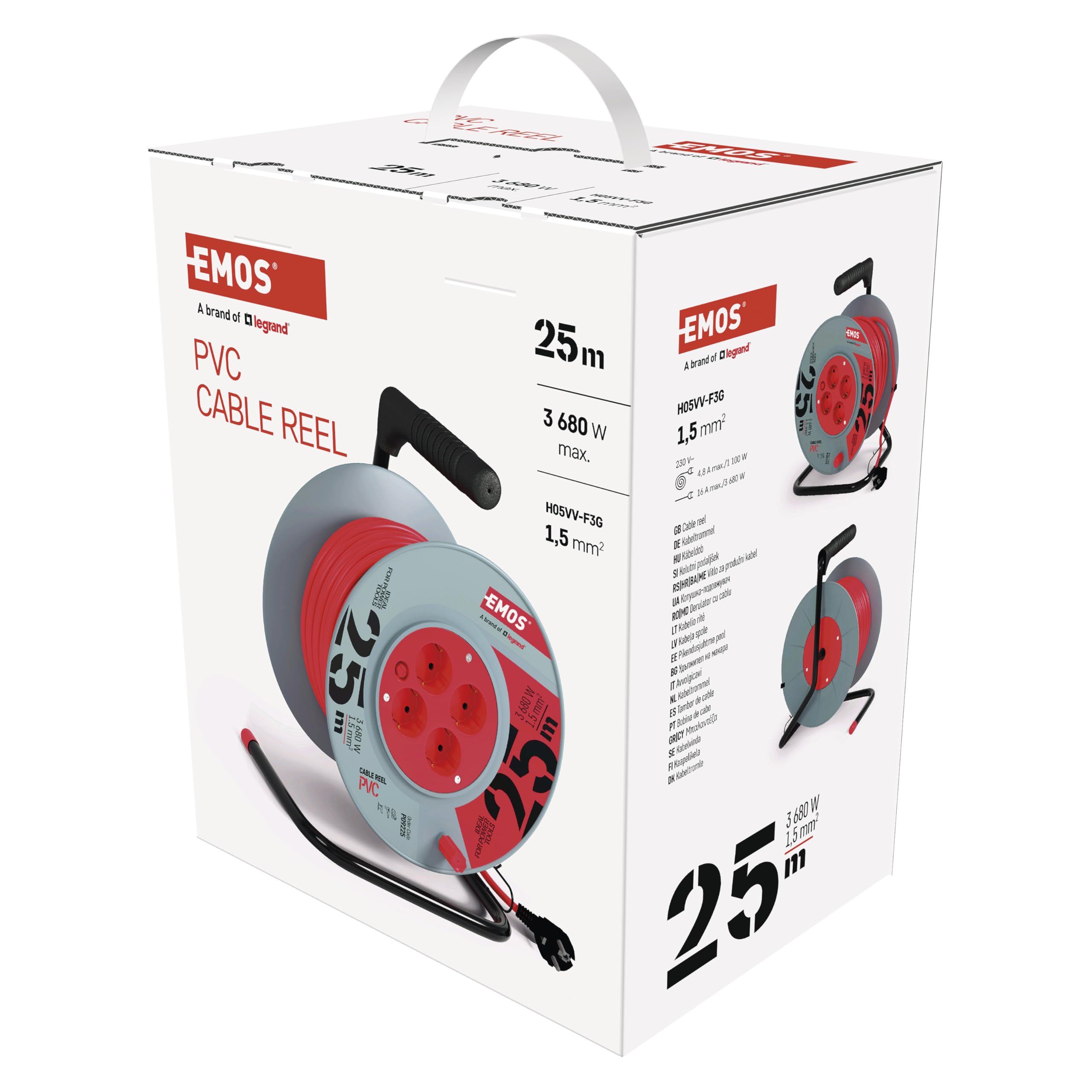 EMOS - Kabeltrommel 25m - 4 Schuko-Steckdosen - 230 V, 16 A, 3680 W - hochwertige PVC-Isolierung - H05VV-F3G 1,5 mm2 - Überhitzungsschutz - IP20 für Innen