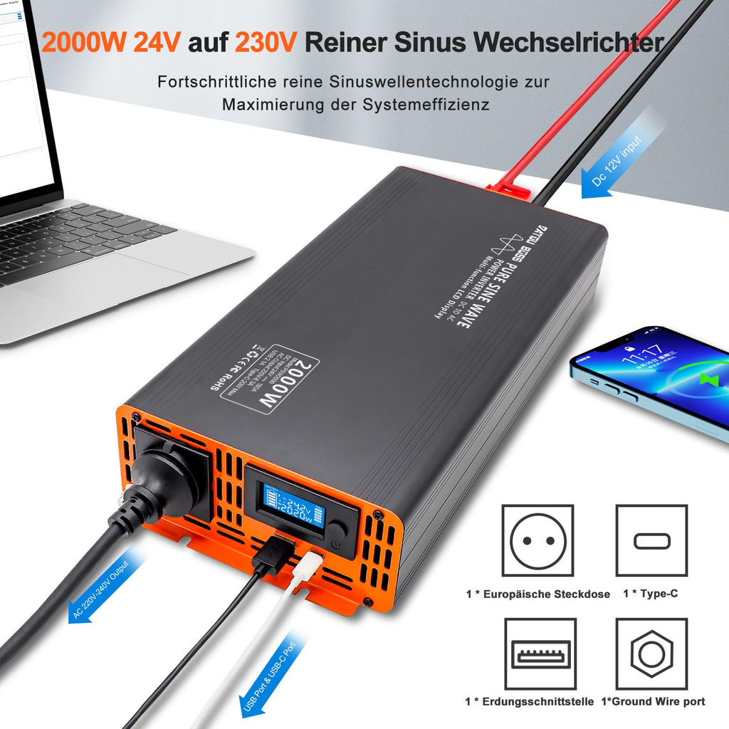 DATOUBOSS 2000W/4000W Spannungswandler 24v auf 230v Reiner Sinus Wechselrichter Power Inverter mit EU Steckdosen, USB/Type-C und LCD Anzeige, Umwandler Stromwandler für LKW Camping Haushaltsgeräten