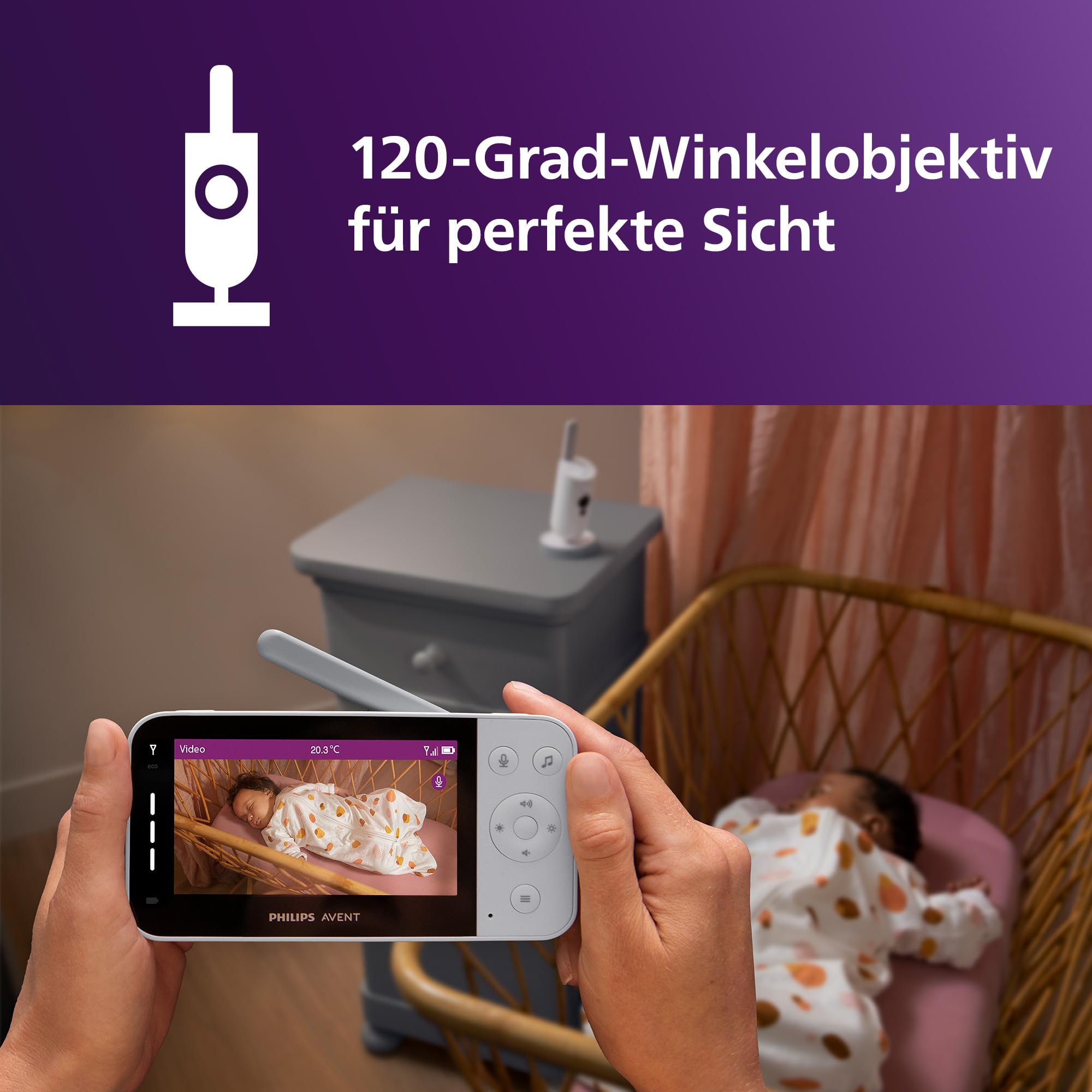 Philips AVENT Philips Connected Videophone mit WLAN, hochwertiger HD-Kamera, Infrarot-Nachtsichtfunktion, Schrei-Erkennung, Gegensprechfunktion, DEKRA Zertifiziert privat und sicher, SCD951/26