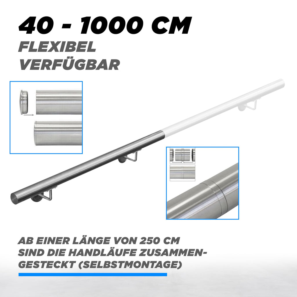 V2Aox Handlauf Treppengeländer aus Edelstahl, Durchmesser: 4,2 cm, Rostfrei & Wetterfest, Inklusive Montagematerial, Halter, Länge: 140 cm