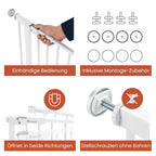 hauck Clear Step Autoclose 2 + 9cm Verlängerung, Weiß - Kinderschutzgitter Hundegitter Verstellbare Breite 84-89cm, 77cm Hoch, Selbstschließend, Flacher Einstieg, Einhand Öffnung, ohne Bohren