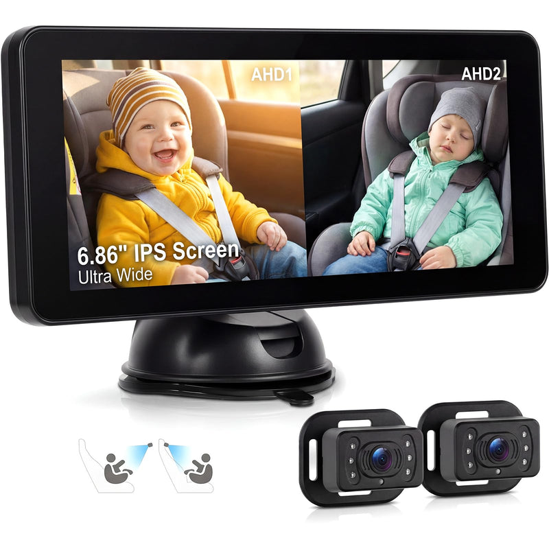 SIXTOP Baby Auto Kamera mit 6.86" IPS Monitor, Nachtsicht & 90° Weitwinkel 2 HD Rücksitzkameras, Sicher & Stabile Montage für Auto, SUV, Van zum sicheren Beobachten des Babys