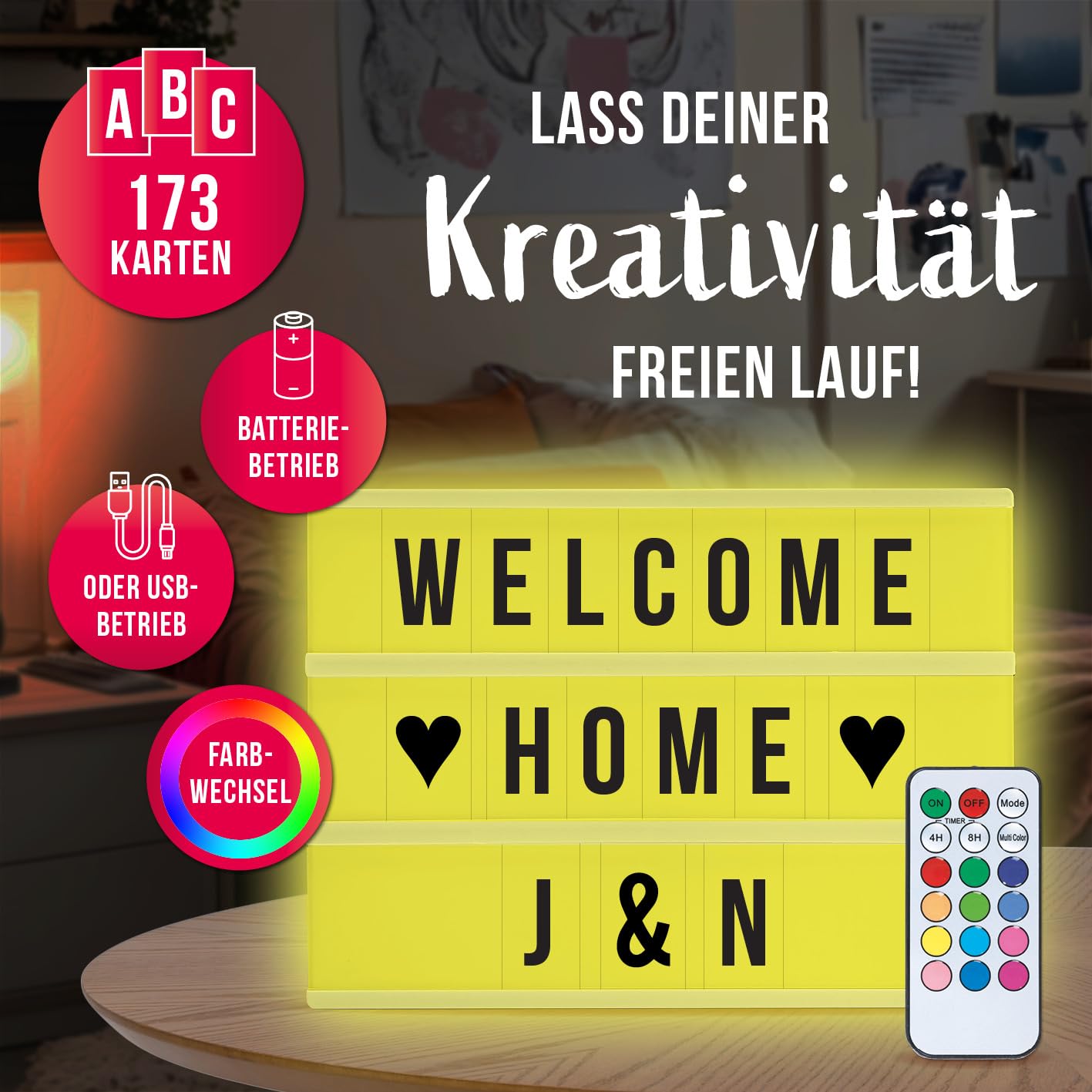 EASYmaxx LED Leuchtkasten mit Farbwechsel | 173 Buchstaben mit Sonderzeichen + Symbole, A4 - Format | Batteriebetrieben, USB Anschluss