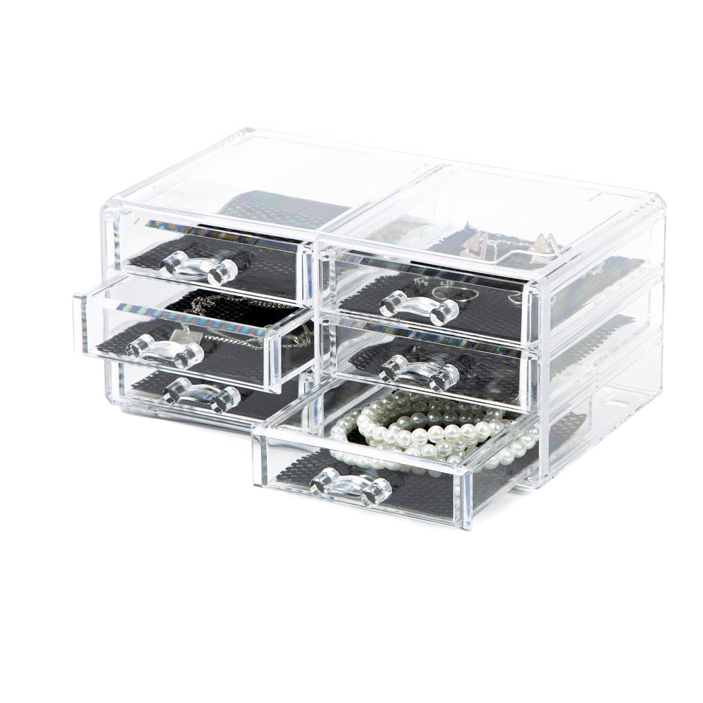 Compactor RAN6044 Make-up- und Schmuck-Aufbewahrungsbox mit 6 Schubladen, transparent, Polystyrol und Stoff, 23,8 x 15 x Höhe 11 cm