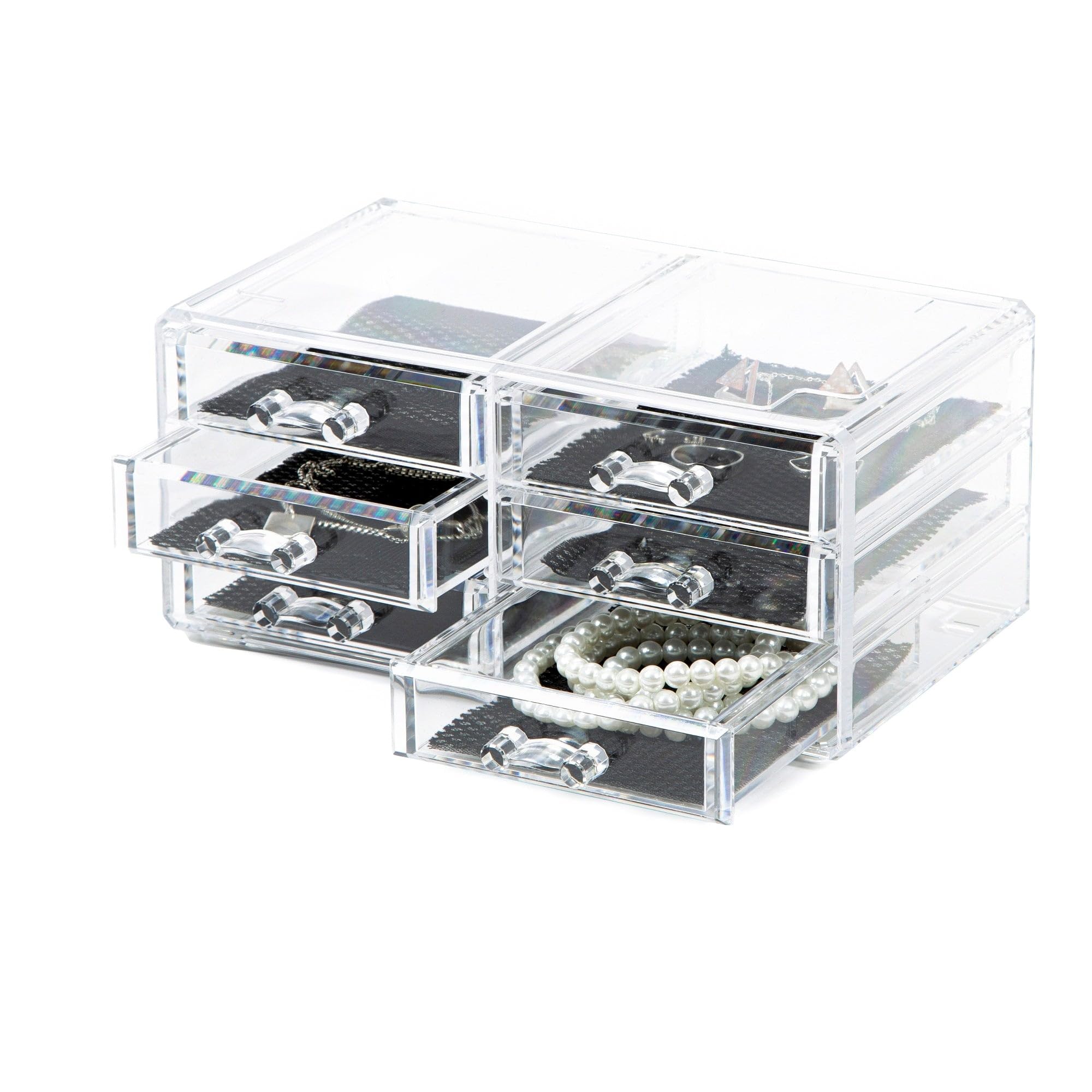 Compactor RAN6044 Make-up- und Schmuck-Aufbewahrungsbox mit 6 Schubladen, transparent, Polystyrol und Stoff, 23,8 x 15 x Höhe 11 cm