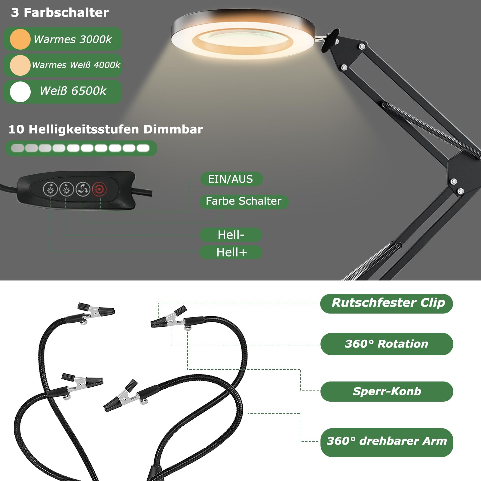 Dritte hand Löten, Magnetische Löthilfe Helfende Hand mit 10X Lupe Licht, Lötstation mit 4 PCB-Säulen 4 flexibel Arme und 1 Mechanischer Tragarm, Löthilfe für Schweißer, Schmuckhersteller, Handwerk