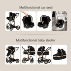 Reenborn Kinderwagen 3 in 1, Buggy mit Zwei Umkehrbaren Schiebemodi, Kinderwagen mit Rahmen Aluminiumlegierung, Babywagen 3 in 1 Komplettset mit Ein-Klick-Faltdesign Hohe Landschaft (588 Black Gold)