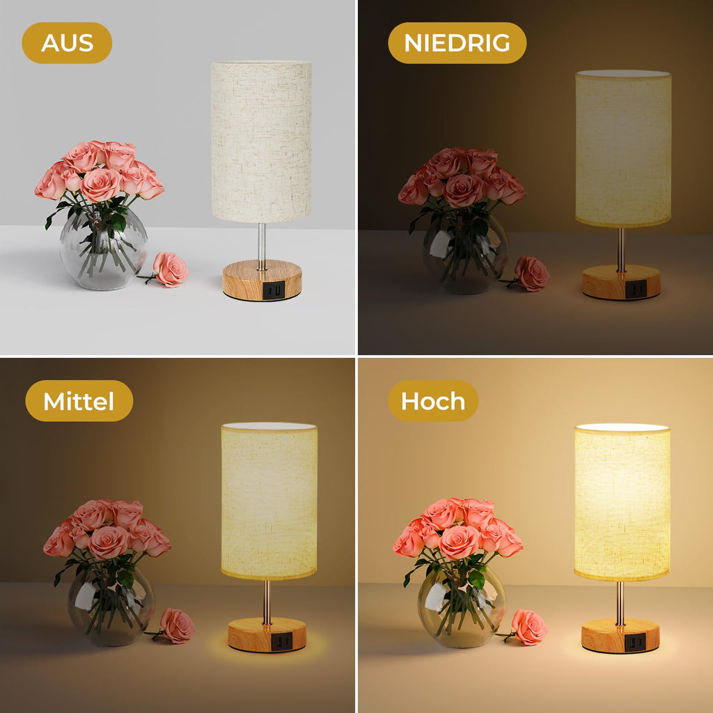 Suright Nachttischlampe Touch Dimmbar 2er Set, Tischlampe mit Ladefunktion USB A+C-Anschlüssen, Leinen-Lampenschirm, Holzsockel, Kleine Lampe für Schlafzimmer Wohnzimmer (LED-Birne Inklusive)