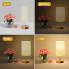 Suright Nachttischlampe Touch Dimmbar 2er Set, Tischlampe mit Ladefunktion USB A+C-Anschlüssen, Leinen-Lampenschirm, Holzsockel, Kleine Lampe für Schlafzimmer Wohnzimmer (LED-Birne Inklusive)