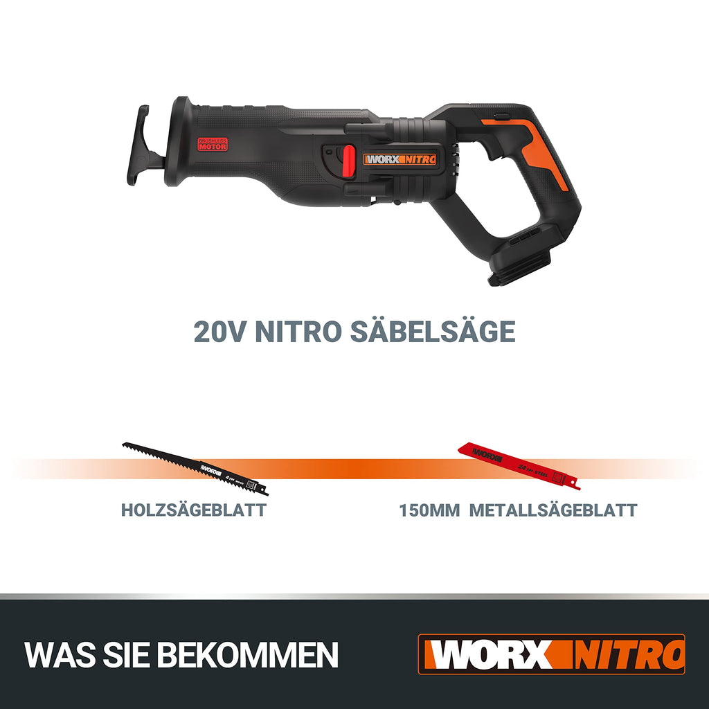 WORX WX516.9 NITRO Akku-Säbelsäge 20V - stark bürstenloser Motor - schneller Sägelblattwechsel - variable Schnittgeschwindigkeit - LED Licht - inkl. Holz- & Metallsägeblatt - ohne Akku & Ladegerät