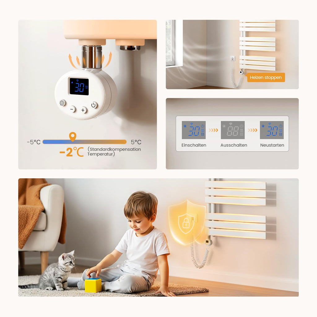 EMKE Badheizkörper Elektrisch 1320x500 mm, WiFi Intelligenter Handtuchheizkörper Elektrisch mit Thermostat, Elektrischer Handtuchwärmer Handtuchtrockner mit Heizstab Weiß 800W