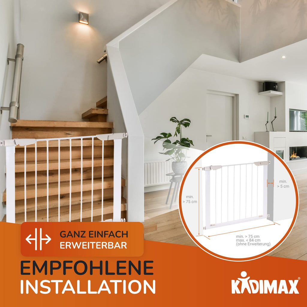 Treppenschutzgitter 75-84 cm, ohne Bohren, Türschutzgitter für Kinder, Hunde und Katzen, mit Auto-Close & Keep-Open Funktion, Treppengitter weiß