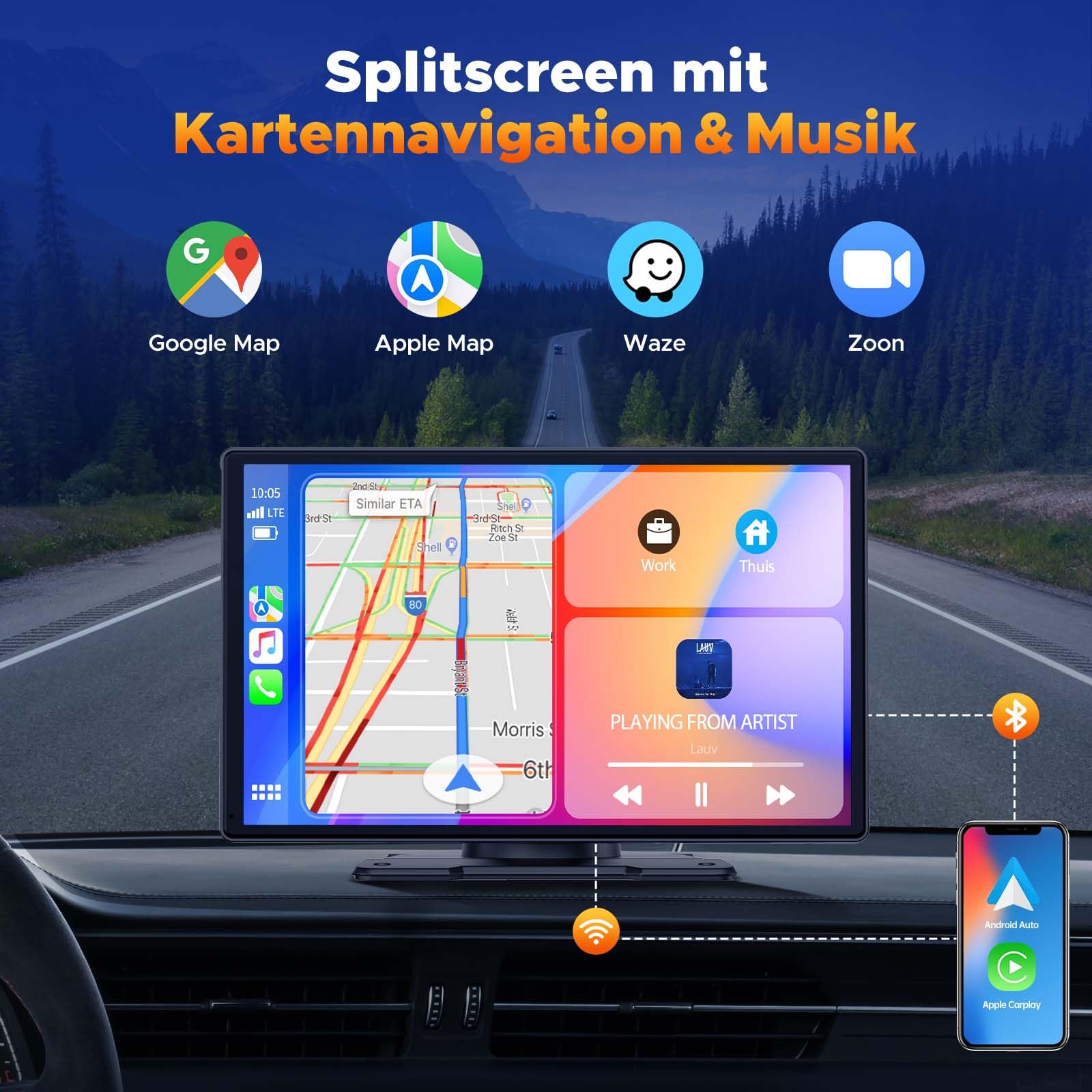 Volam Autoradio mit Wireless A-pple Carplay & Android Auto,9 Zoll IPS Touchscreen Tragbares Carplay Bildschirm mit Bluetooth 5.0,Digital Receiver mit Siri/Goog-le/Mirror Link/G-oogle/Siri/FM/AUX