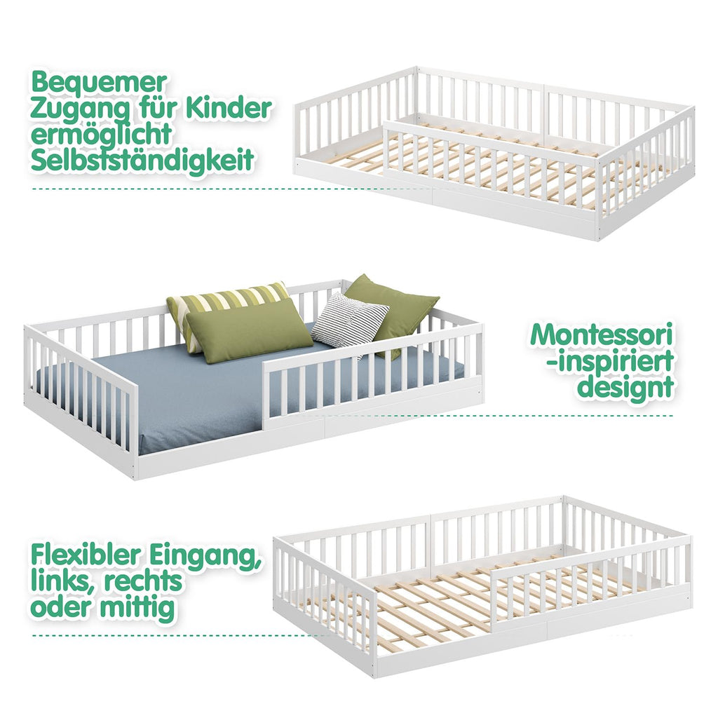 CADANI Timi Kinderbett 120x200 cm Bodenbett, Rausfallschutz abnehmbar, bis 200 kg belastbar, Roll-Lattenrost, Montessori Kiefer Massivholz Bett, 3 Aufbauvarianten, Umbaubar, Weiß