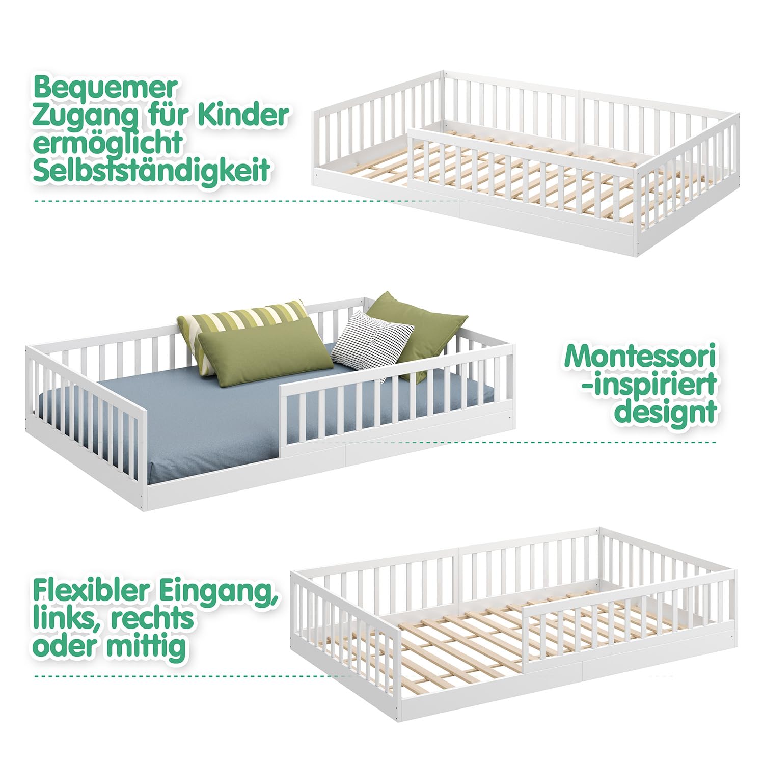 CADANI Timi Kinderbett 120x200 cm Bodenbett, Rausfallschutz abnehmbar, bis 200 kg belastbar, Roll-Lattenrost, Montessori Kiefer Massivholz Bett, 3 Aufbauvarianten, Umbaubar, Weiß
