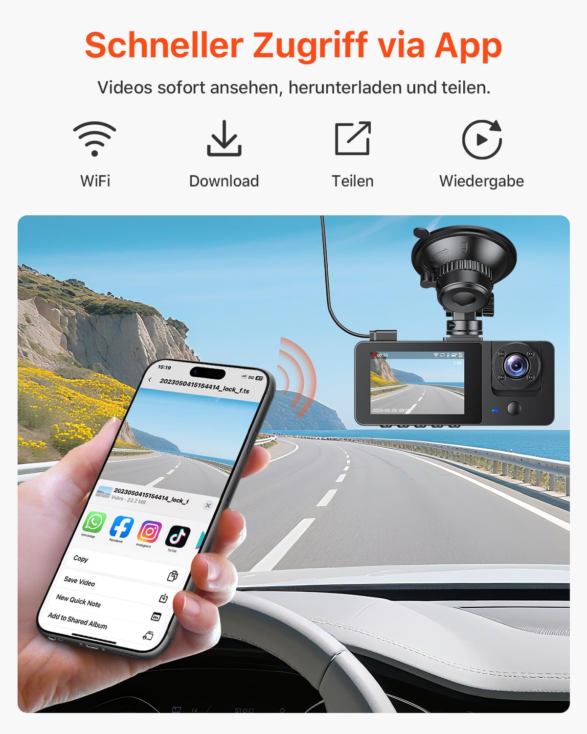 Bestsee 2.5K Dashcam Auto Vorne Hinten und Innen, 2,35" IPS-Bildschirm Dashcam Auto, mit 64GB SD-Karte, 24H Parküberwachung, WDR Nachtsicht, G-Sensor, Loop-Aufnahme, Sichtwinkel（170°+150°+150°）