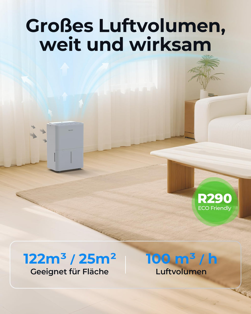 Woleix Luftentfeuchter elektrisch 12L, Entfeuchter elektrisch für Keller, Raumentfeuchter elektrisch 35dB für Räume bis zu 122m³/25m², mit Filter und 1M Ablaufschlauch, Timer, 10 J. Gar.