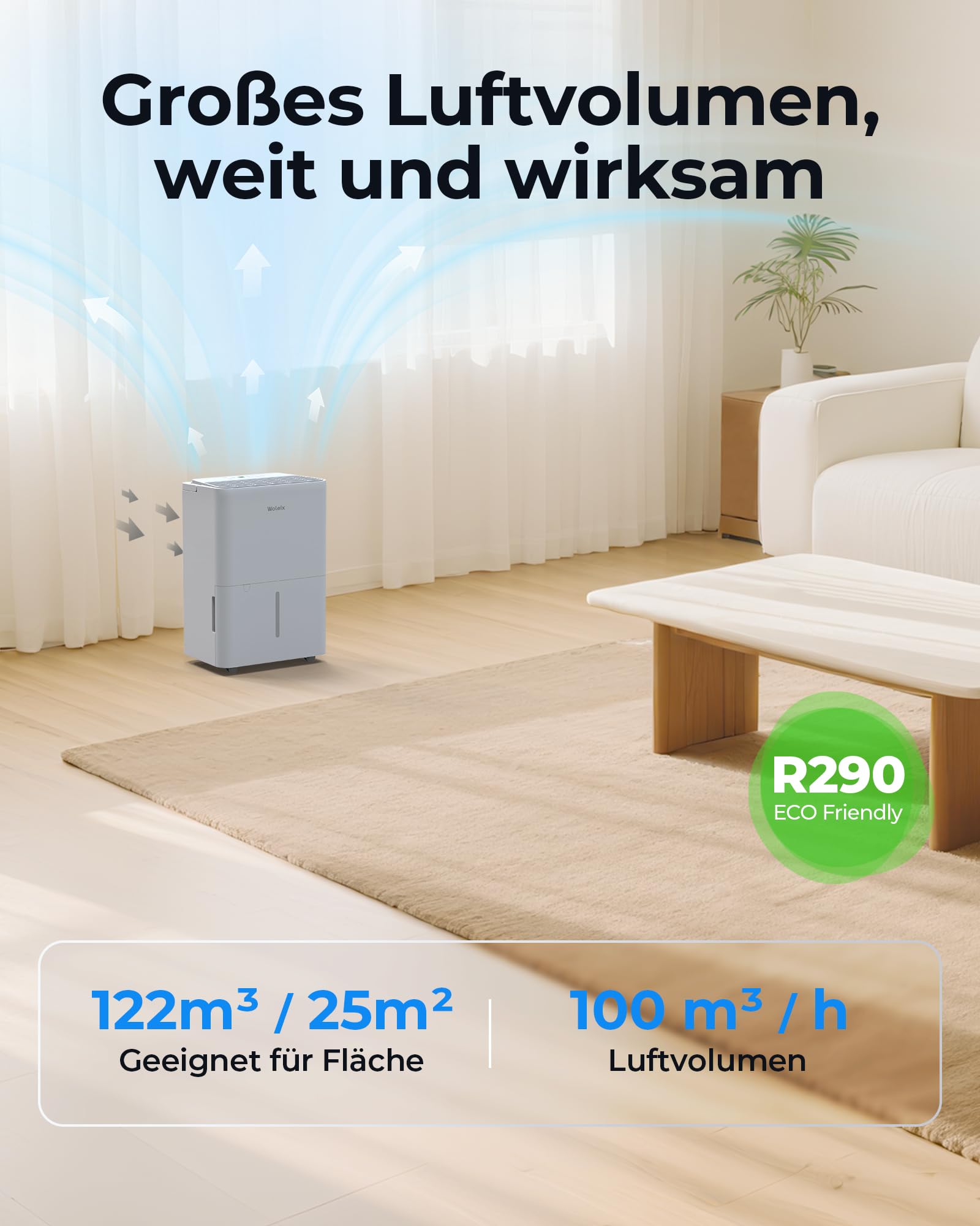 Woleix Luftentfeuchter elektrisch 12L, Entfeuchter elektrisch für Keller, Raumentfeuchter elektrisch 35dB für Räume bis zu 122m³/25m², mit Filter und 1M Ablaufschlauch, Timer, 10 J. Gar.