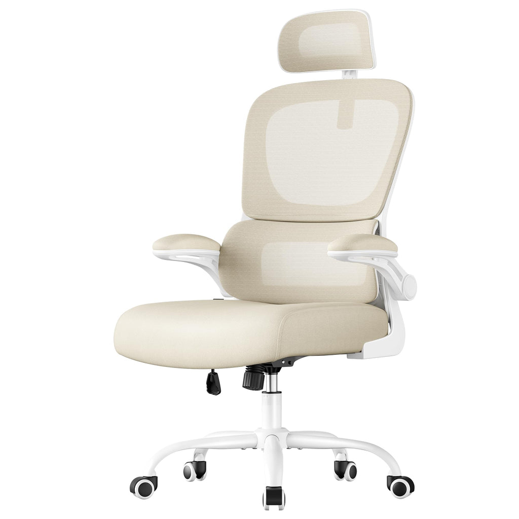 SONGMICS Bürostuhl, Schreibtischstuhl, ergonomischer Netzstuhl, mit doppellagigem Netzgewebe, atmungsaktiv, Adaptive Lendenstütze, verstellbare Kopfstütze, für Homeoffice, sandbeige OBN041L01