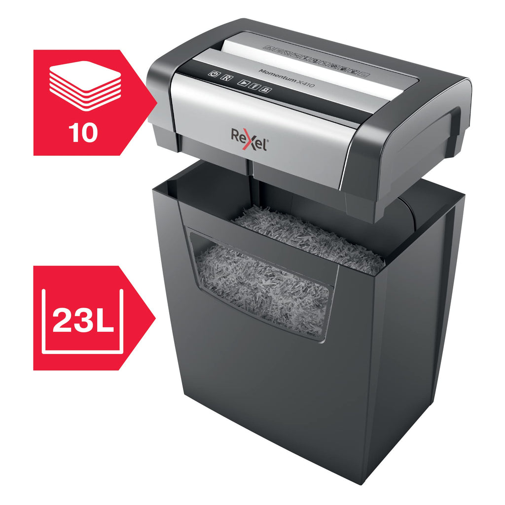 Rexel Aktenvernichter Momentum X410, Partikelschnitt, 11-10 Blatt A4 (70-80 g/m²) Kapazität, Sicherheitsstufe P4, 23L Abfallbehälter, Schredder, schwarz, 2104571EU